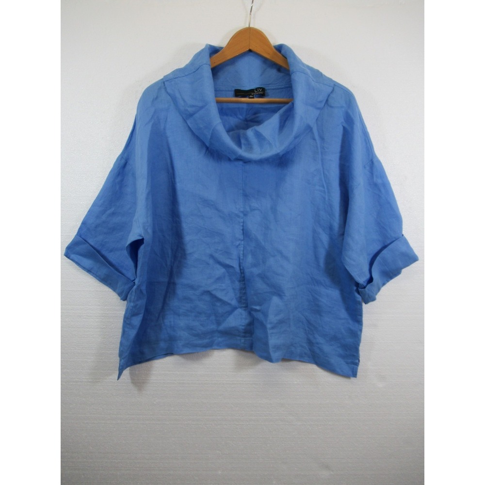 Liv by Habitat Funnel Neck Linen Blouse Women Large Blue 3/4 Sleeve Lagenlook